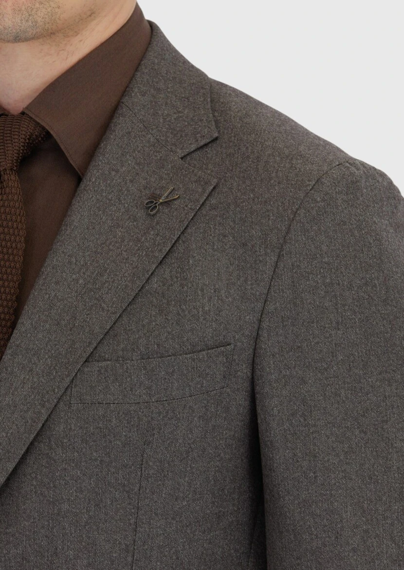 Light Brown Patterned Zeroweight Slim Fit 100% Wool Suit - 4