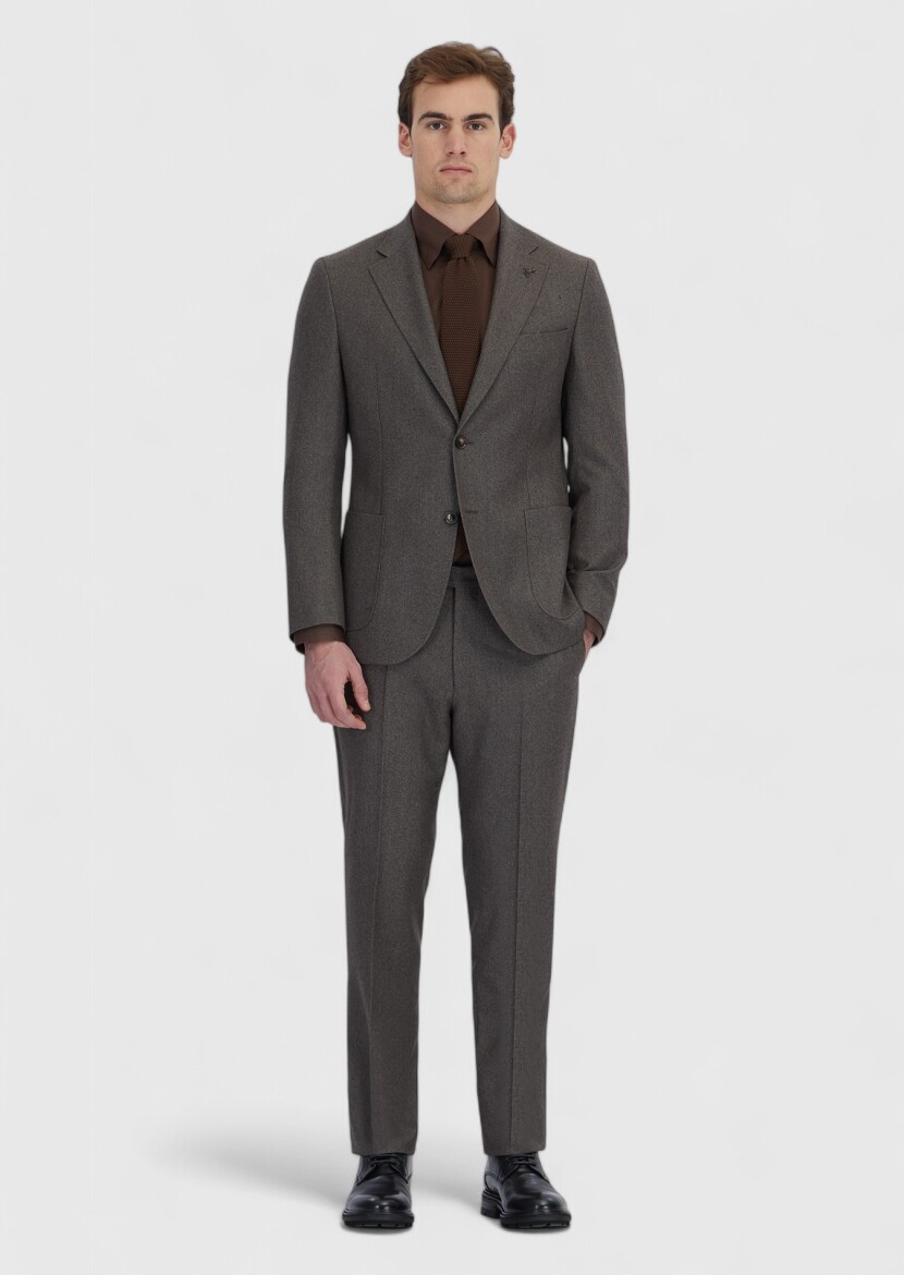 Light Brown Patterned Zeroweight Slim Fit 100% Wool Suit - RAMSEY
