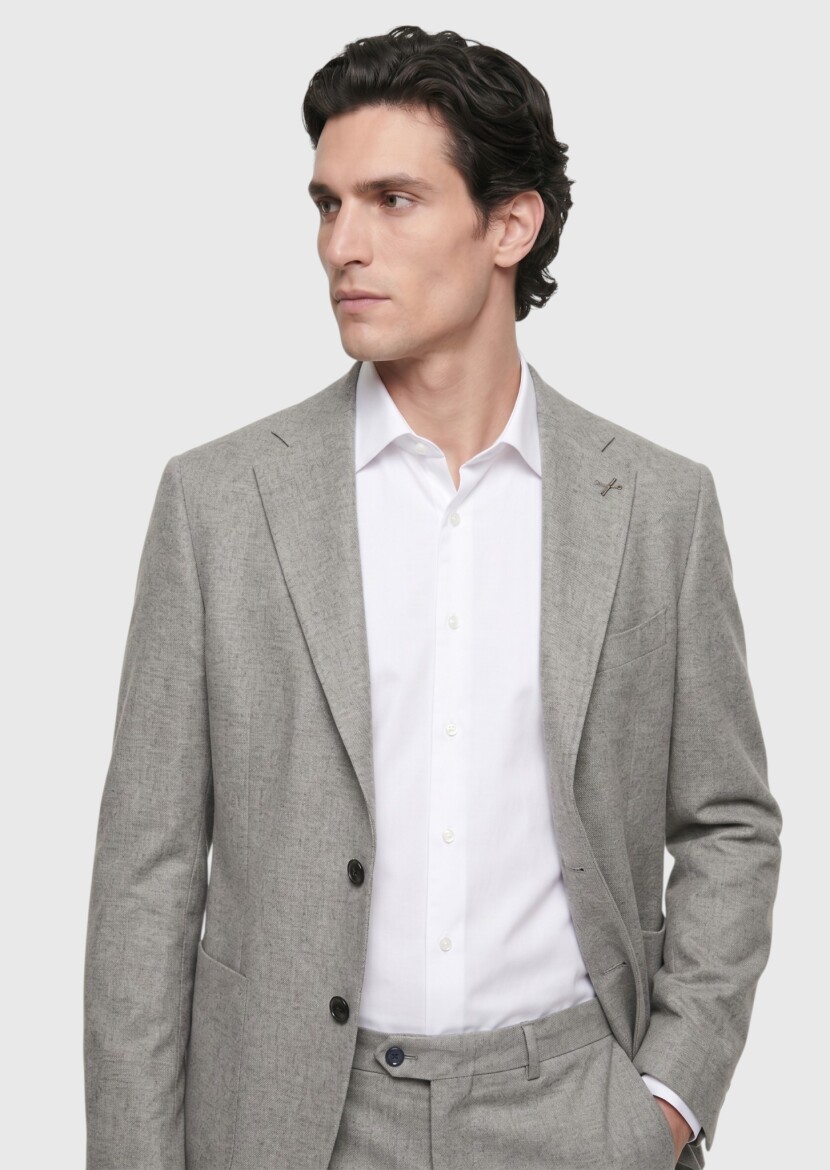 Light Brown Patterned Zeroweight Slim Fit 100% Wool Suit - 3