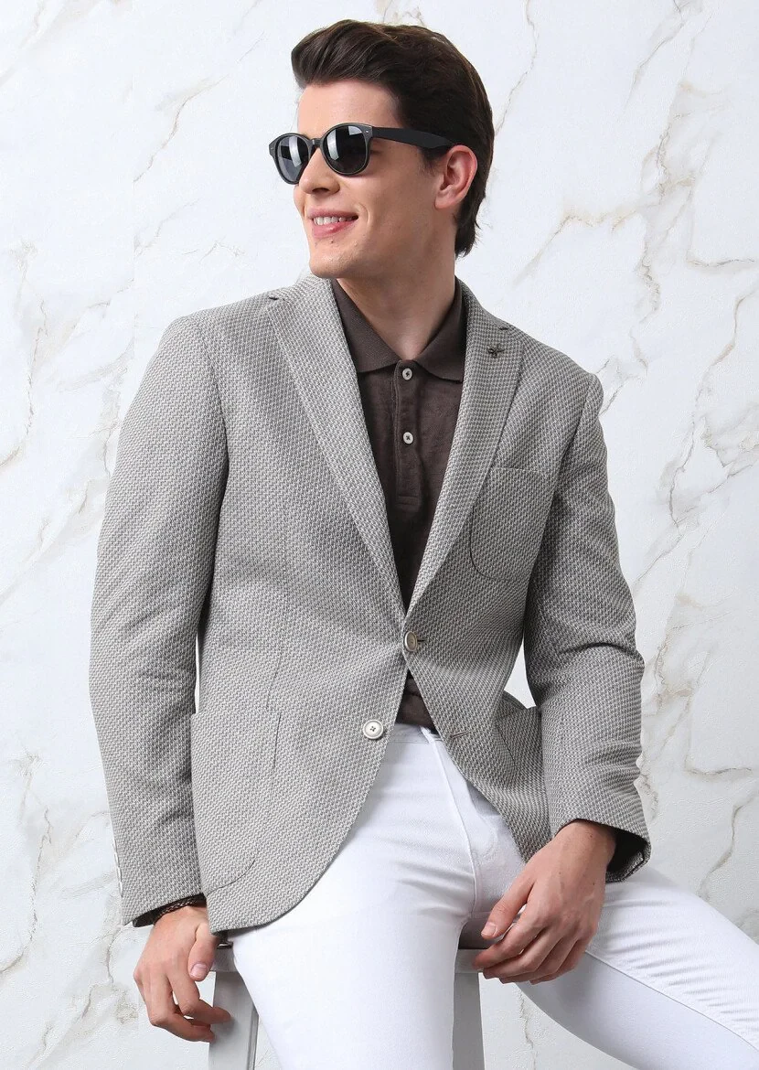 Light Brown Patterned Zeroweight Slim Fit Cotton Blended Jacket - 1