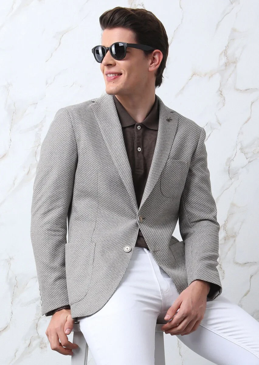 Light Brown Patterned Zeroweight Slim Fit Cotton Blended Jacket - 1
