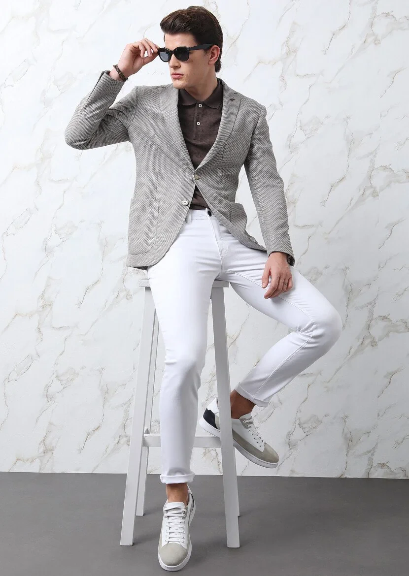 Light Brown Patterned Zeroweight Slim Fit Cotton Blended Jacket - 2
