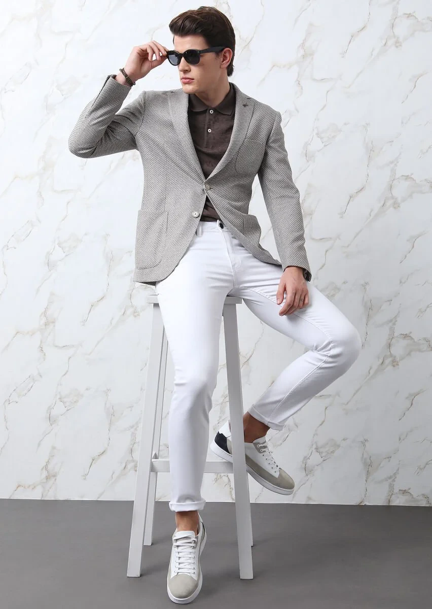 Light Brown Patterned Zeroweight Slim Fit Cotton Blended Jacket - 2