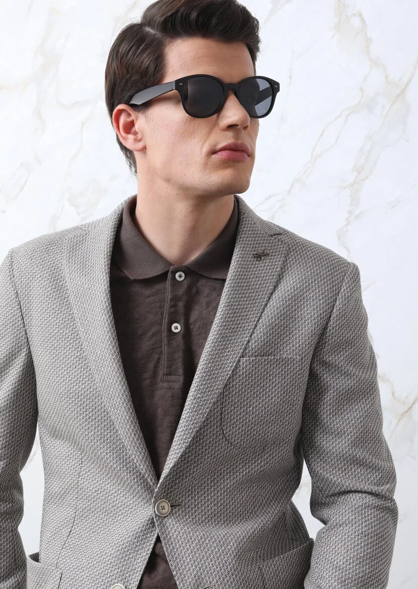 Light Brown Patterned Zeroweight Slim Fit Cotton Blended Jacket - 3