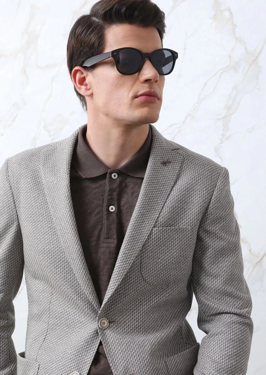 Light Brown Patterned Zeroweight Slim Fit Cotton Blended Jacket - 3