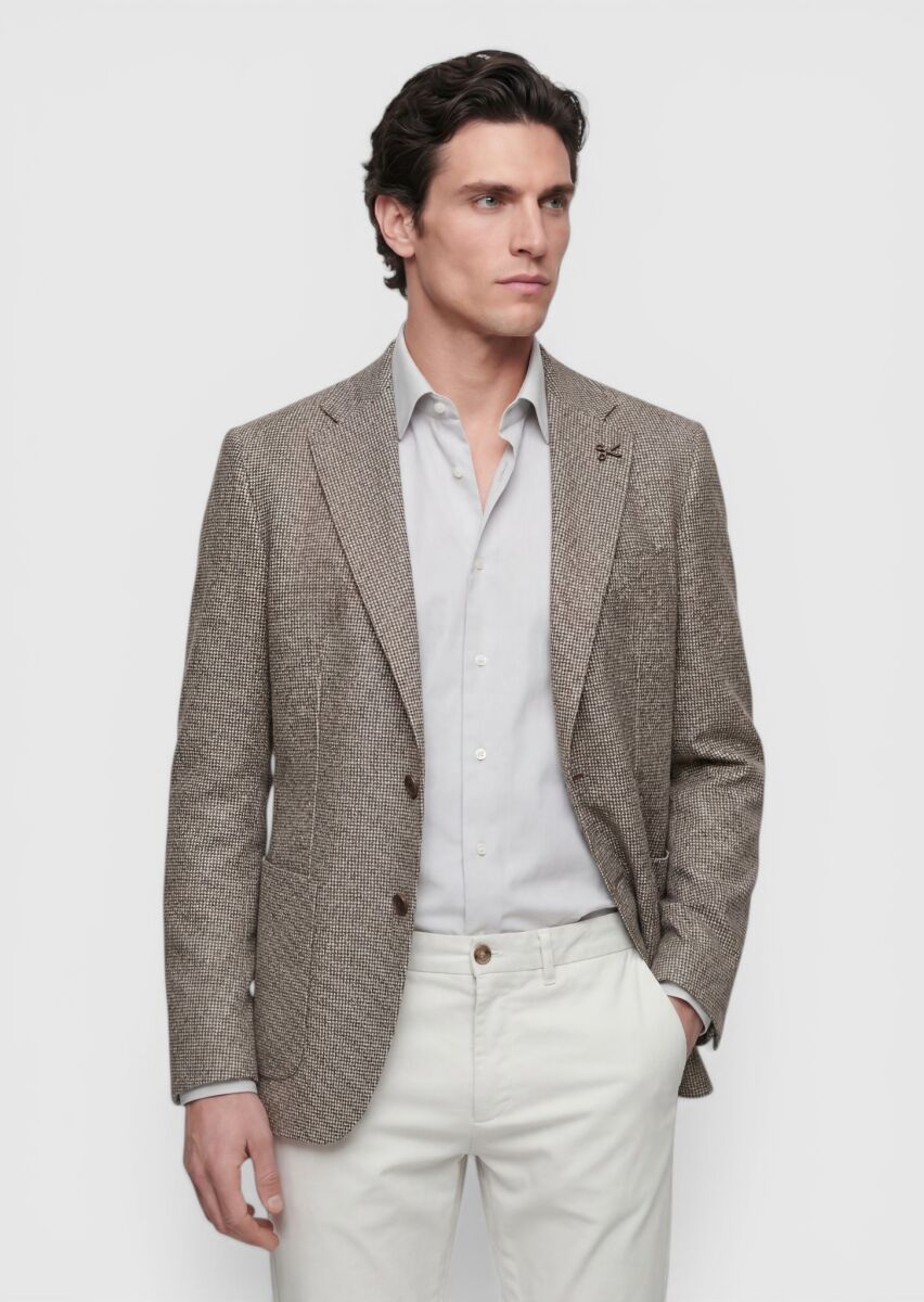 Light Brown Patterned Zeroweight Slim Fit Cotton Blended Jacket - 4