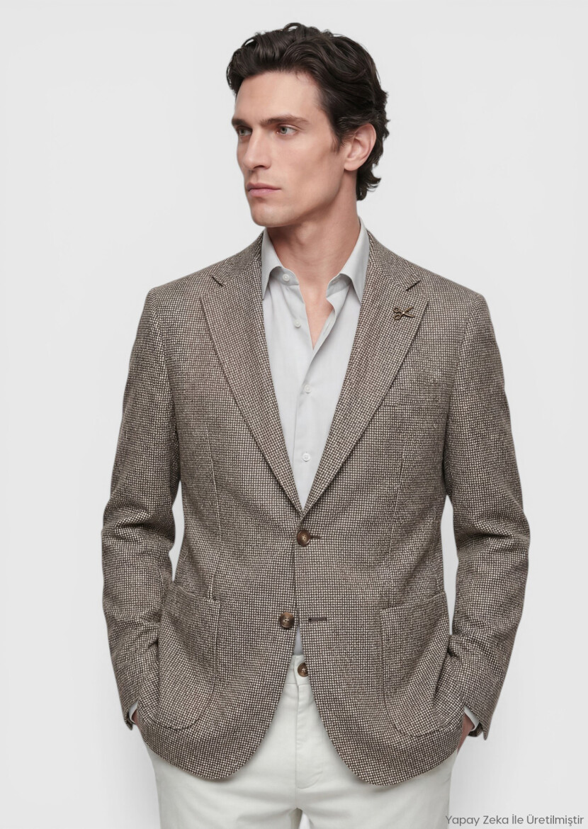 Light Brown Patterned Zeroweight Slim Fit Cotton Blended Jacket - RAMSEY