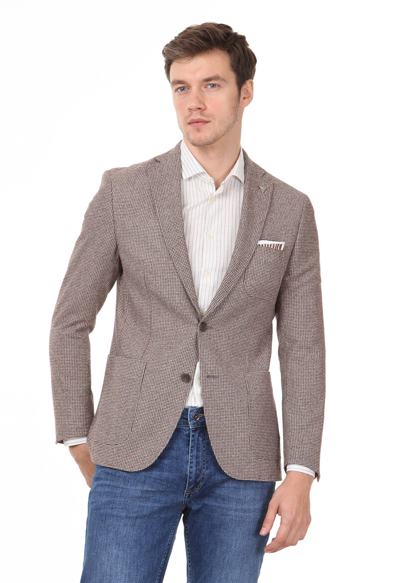 Light Brown Patterned Zeroweight Slim Fit Wool Blended Jacket - 1