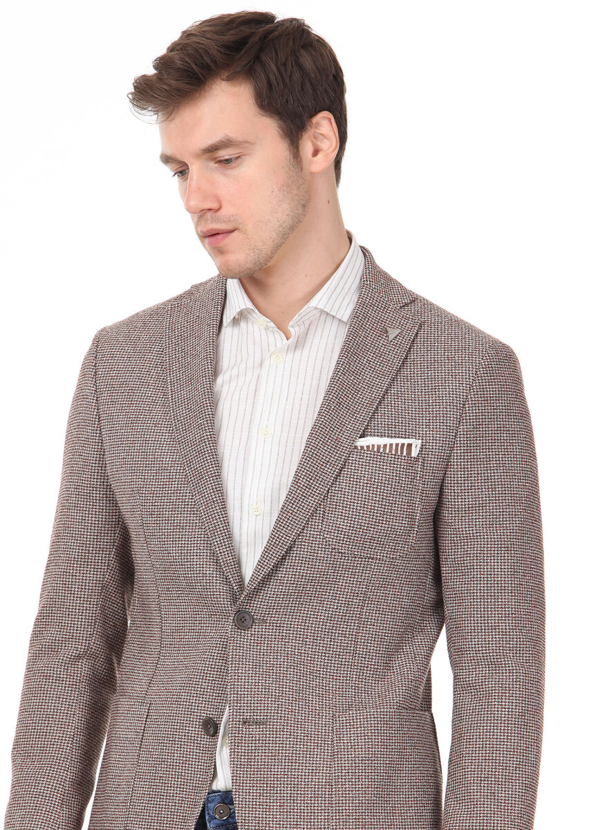 Light Brown Patterned Zeroweight Slim Fit Wool Blended Jacket - 2