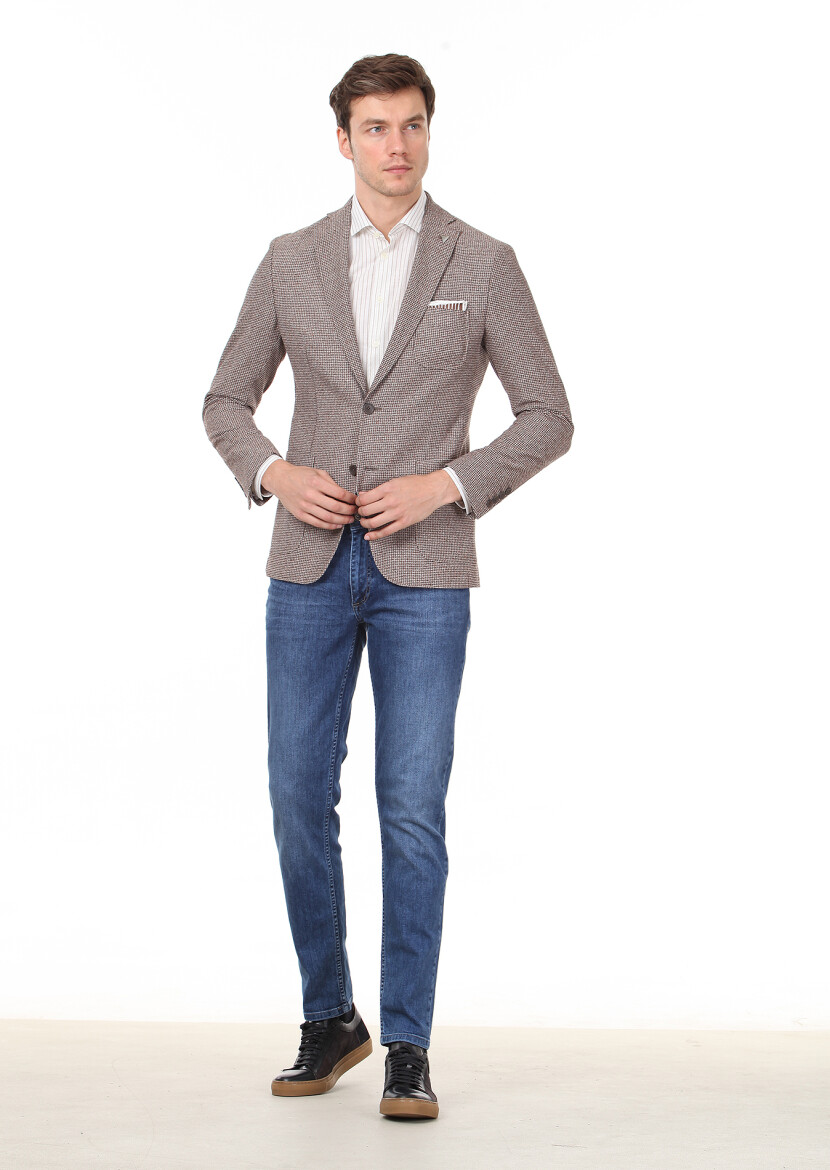 Light Brown Patterned Zeroweight Slim Fit Wool Blended Jacket - 3