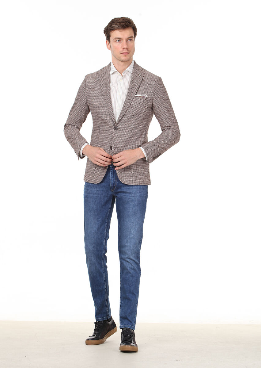 Light Brown Patterned Zeroweight Slim Fit Wool Blended Jacket - 3