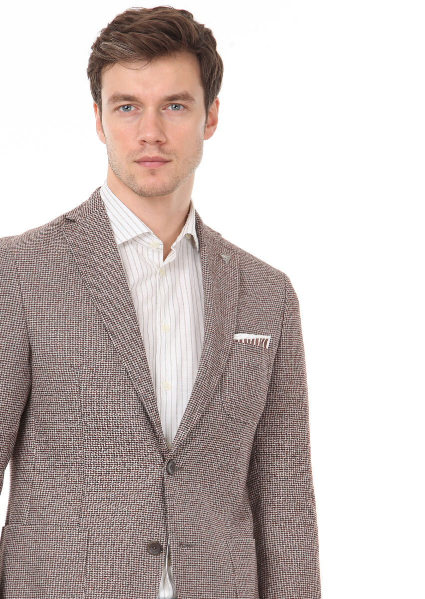 Light Brown Patterned Zeroweight Slim Fit Wool Blended Jacket - 4