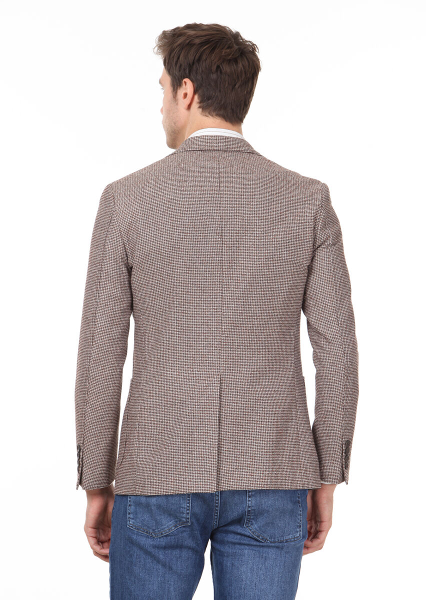 Light Brown Patterned Zeroweight Slim Fit Wool Blended Jacket - 5