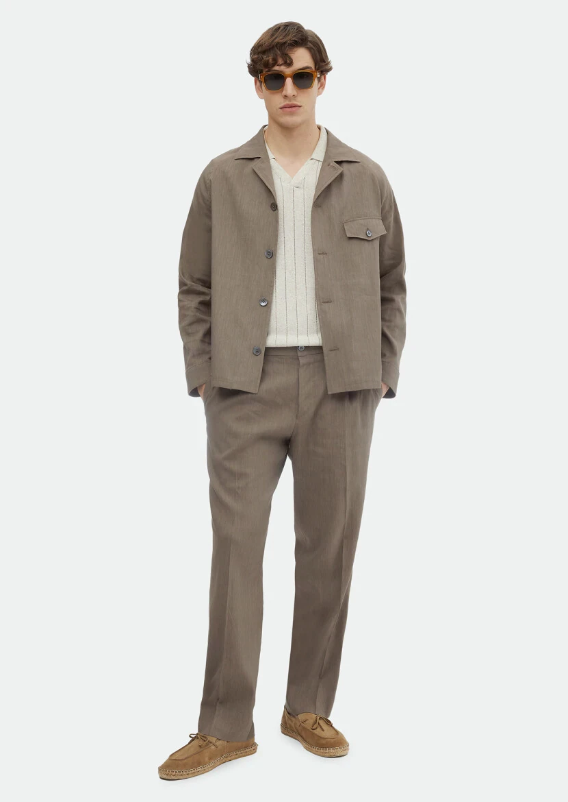 Light Brown Plain Comfort Fit Linen Blended Suit - 2