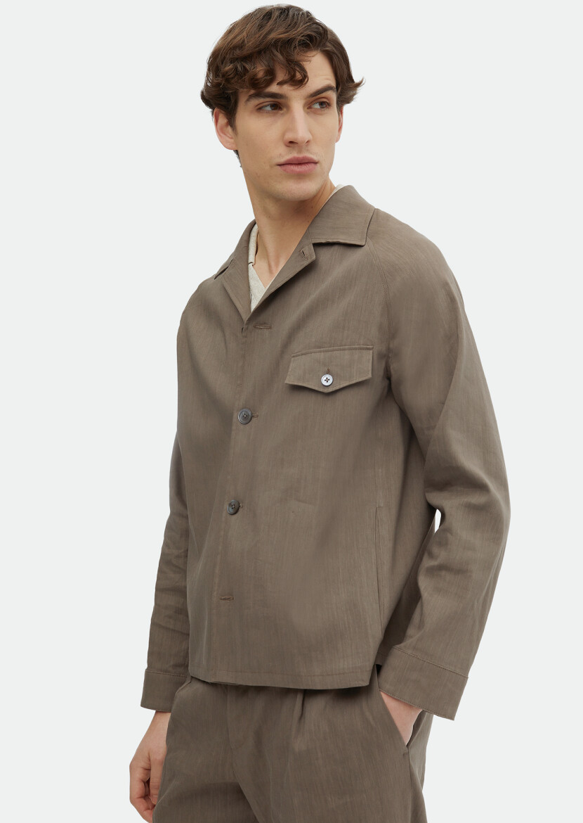 Light Brown Plain Comfort Fit Linen Blended Suit - 1