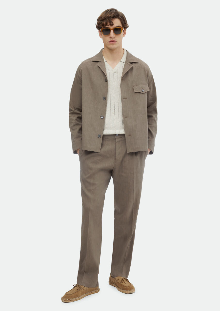 Light Brown Plain Comfort Fit Linen Blended Suit - 2