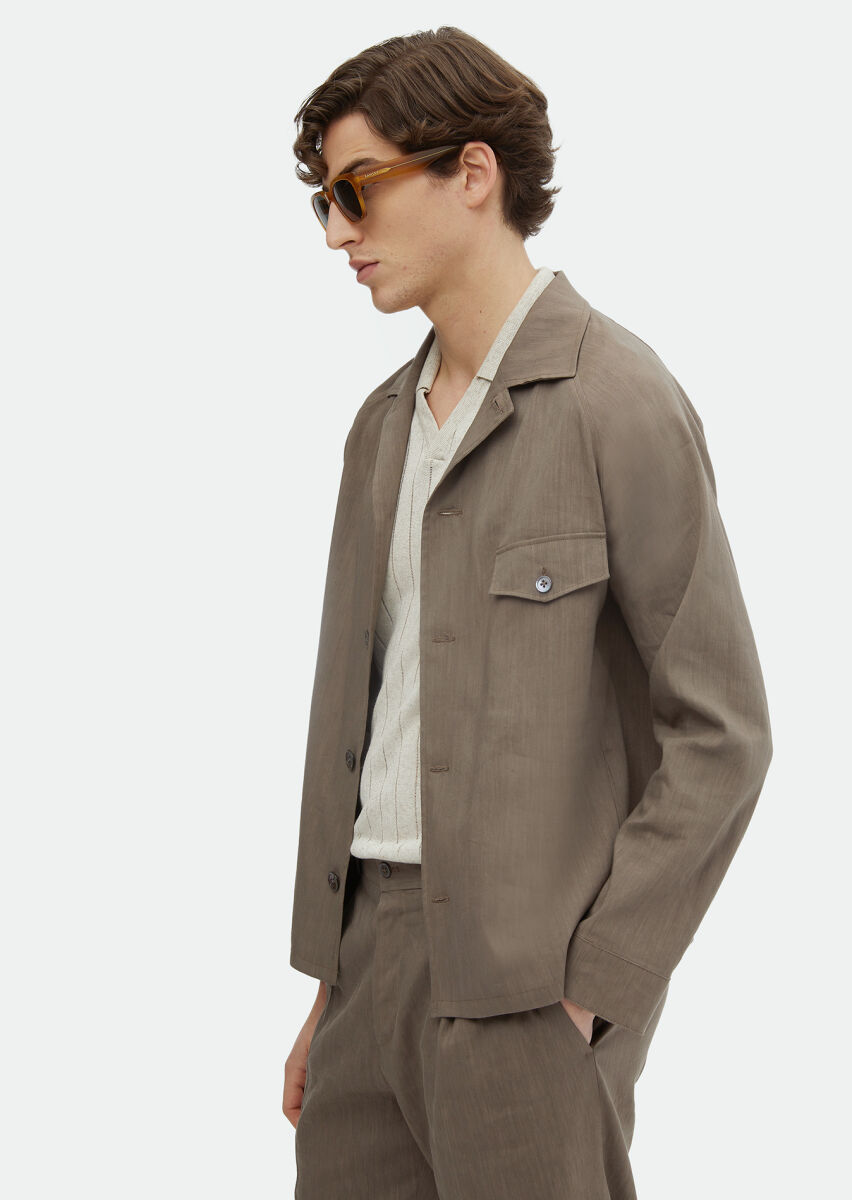 Light Brown Plain Comfort Fit Linen Blended Suit - 3