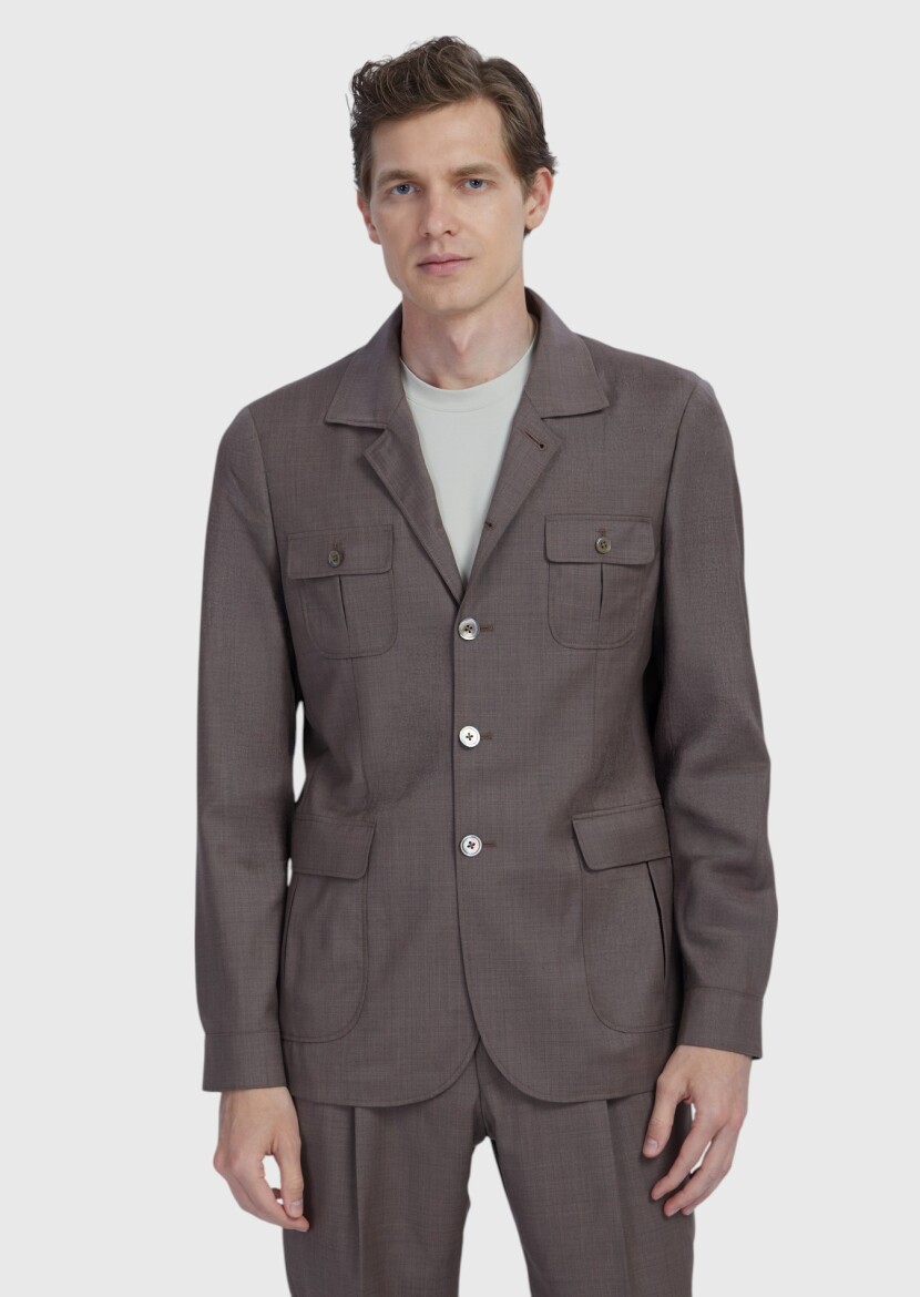 Light Brown Plain Shirt Shoulder Slim Fit 100% Wool Jacket - RAMSEY