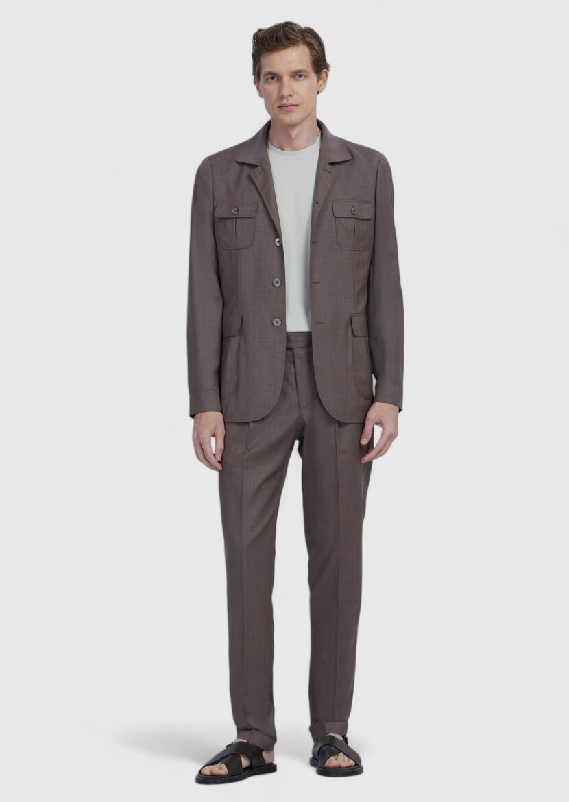 Light Brown Plain Shirt Shoulder Slim Fit 100% Wool Jacket 