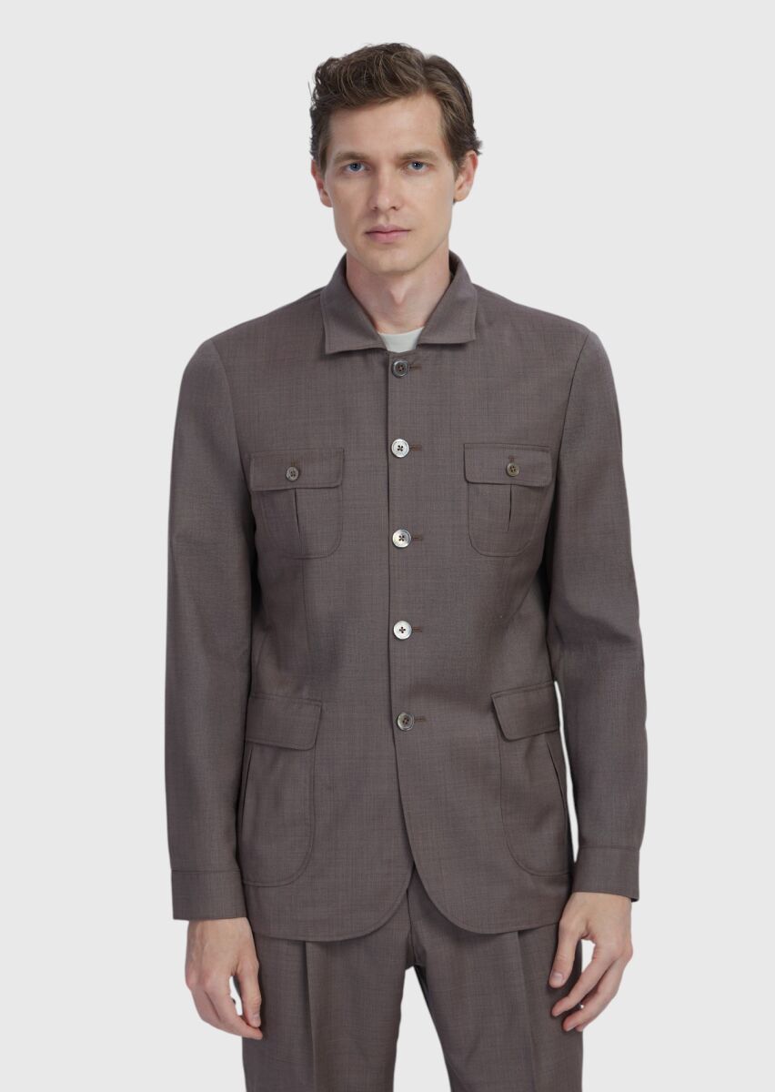 Light Brown Plain Shirt Shoulder Slim Fit 100% Wool Jacket - 3