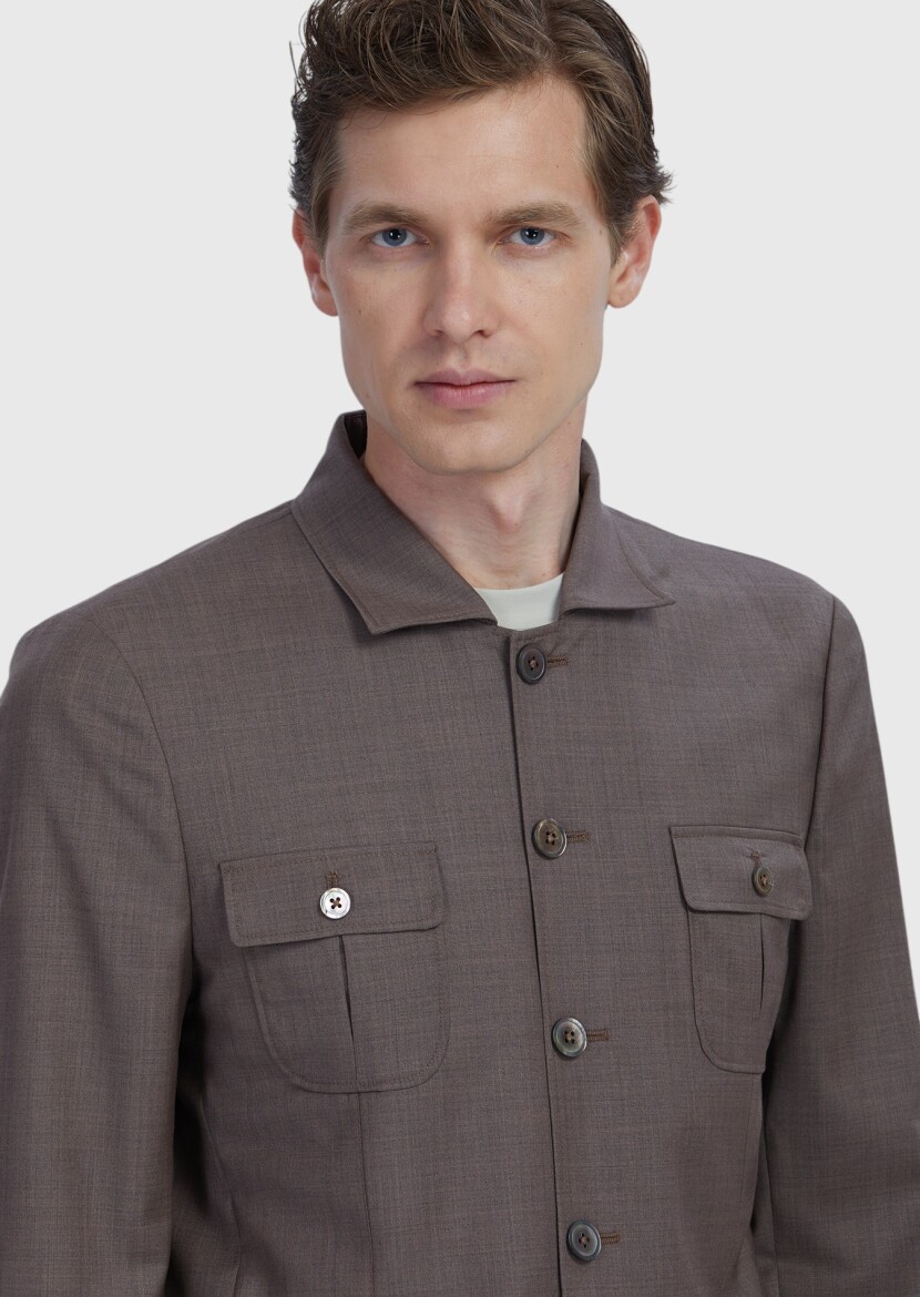 Light Brown Plain Shirt Shoulder Slim Fit 100% Wool Jacket - 4