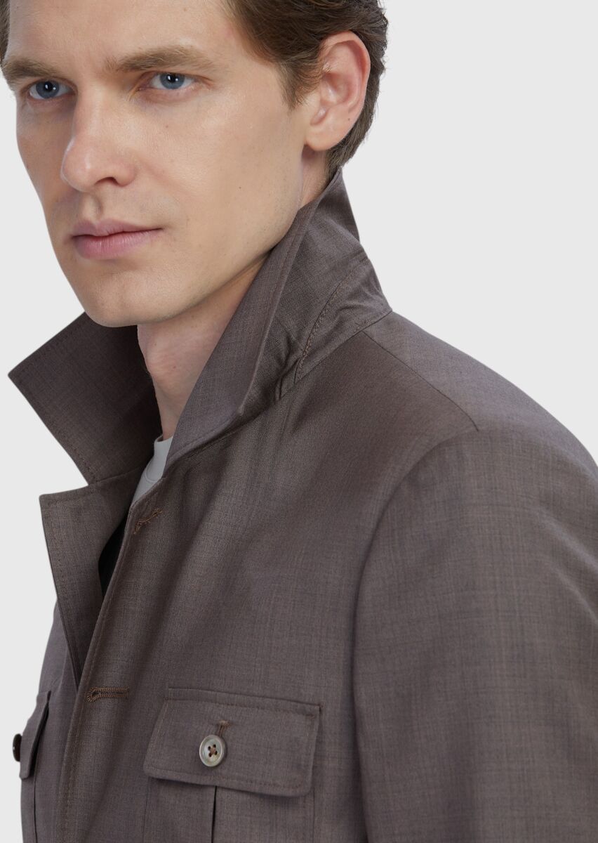 Light Brown Plain Shirt Shoulder Slim Fit 100% Wool Jacket - 5