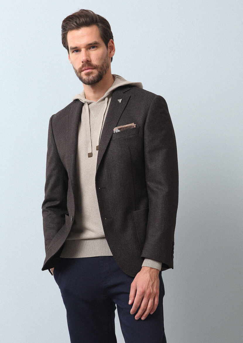 Light Brown Plain Zeroweight Slim Fit Wool Blended Jacket - 1
