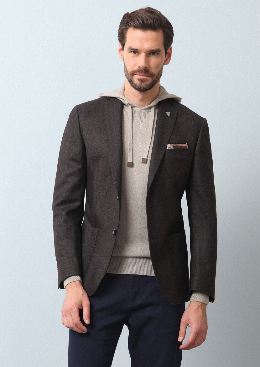 Light Brown Plain Zeroweight Slim Fit Wool Blended Jacket - 4