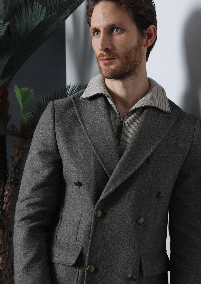 Light Brown Regular Fit Double Breasted Collar Casual Weaving Overcoat - 1
