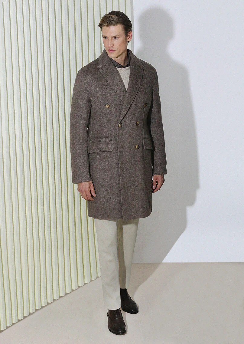 Light Brown Regular Fit Double Breasted Collar Classical Weaving Overcoat - 1