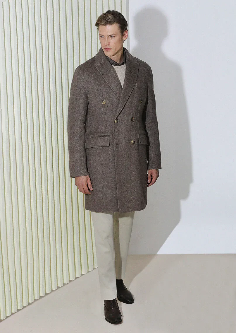 Light Brown Regular Fit Double Breasted Collar Classical Weaving Overcoat - 1