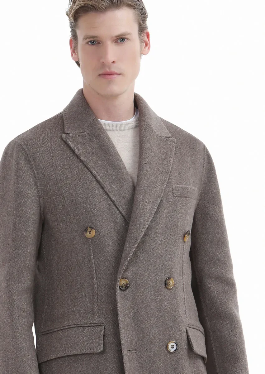 Light Brown Regular Fit Double Breasted Collar Classical Weaving Overcoat - 2