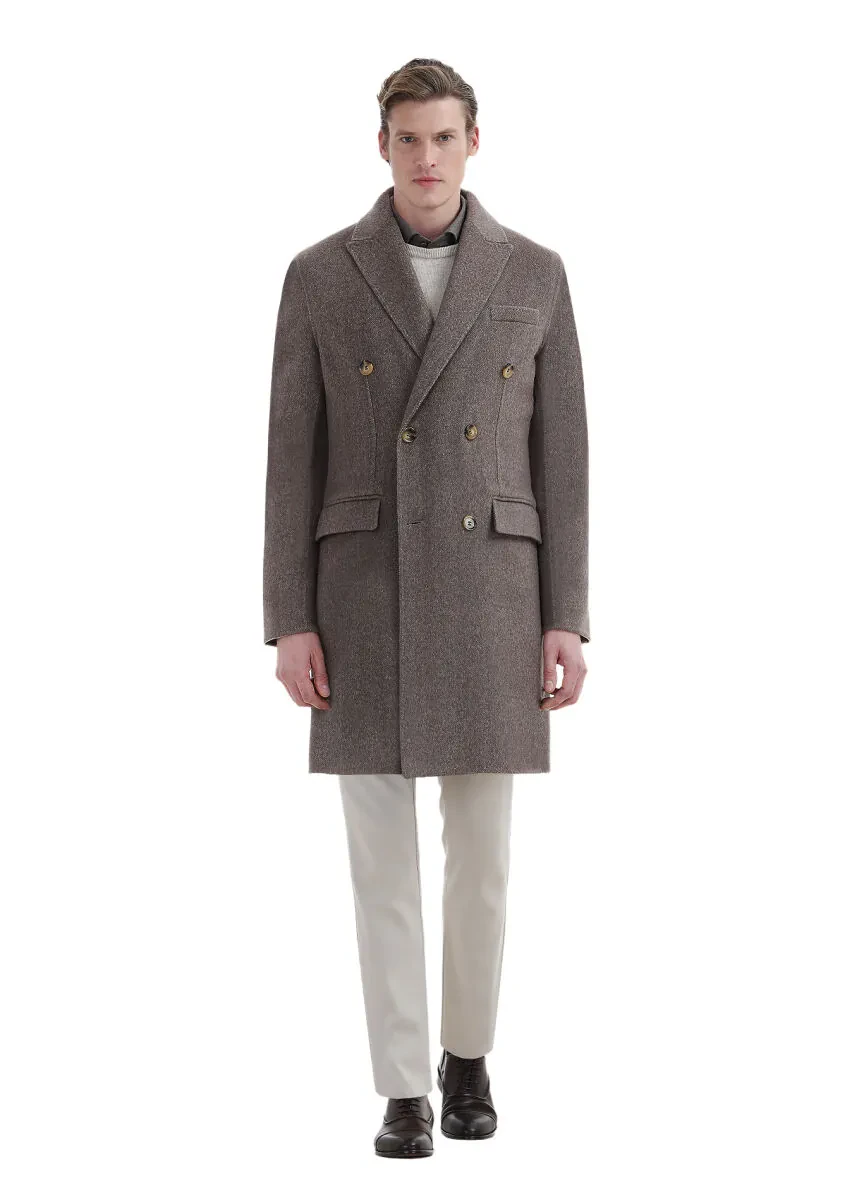 Light Brown Regular Fit Double Breasted Collar Classical Weaving Overcoat - 3