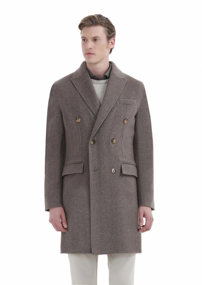 Light Brown Regular Fit Double Breasted Collar Classical Weaving Overcoat - 4