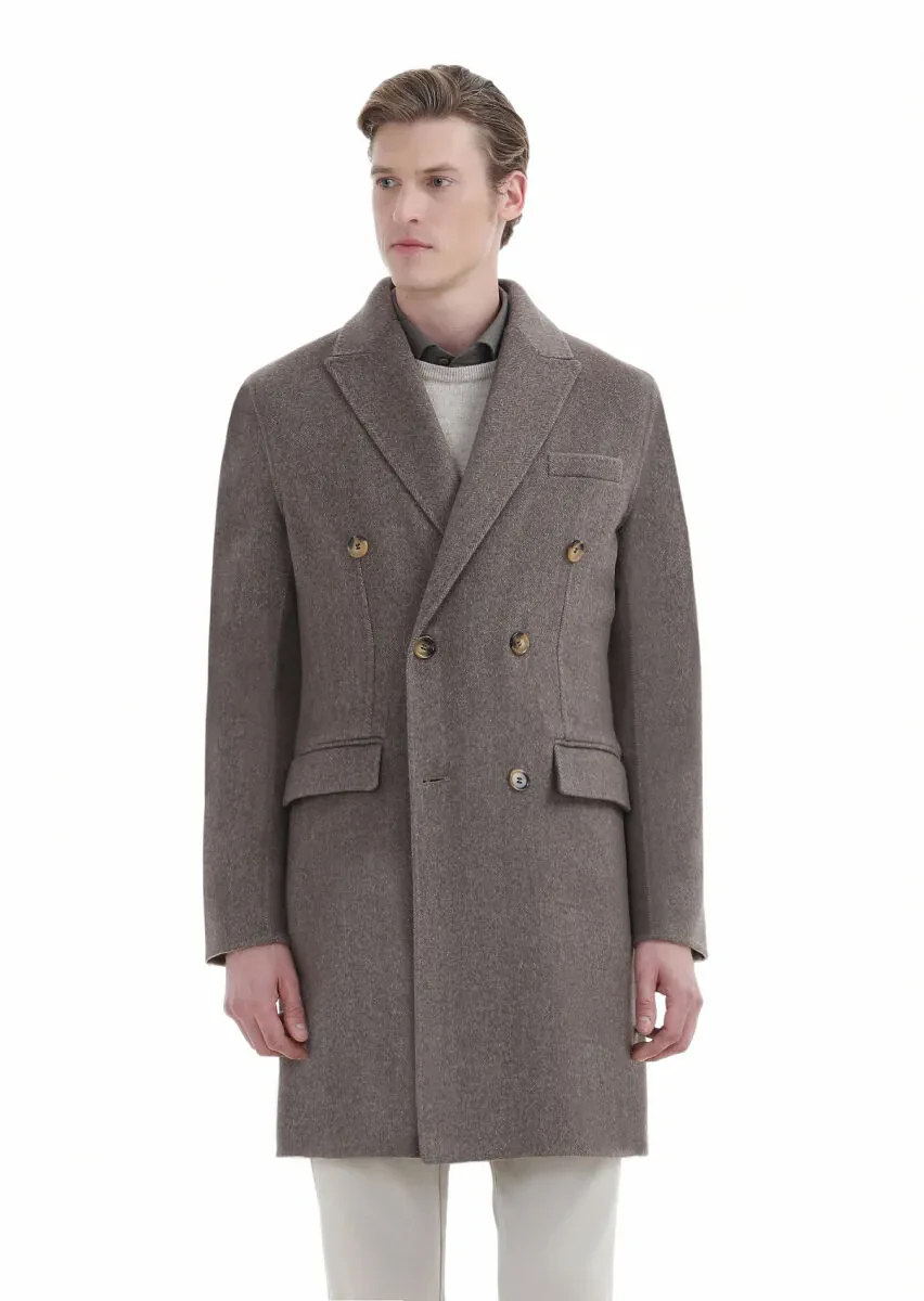 Light Brown Regular Fit Double Breasted Collar Classical Weaving Overcoat - 4