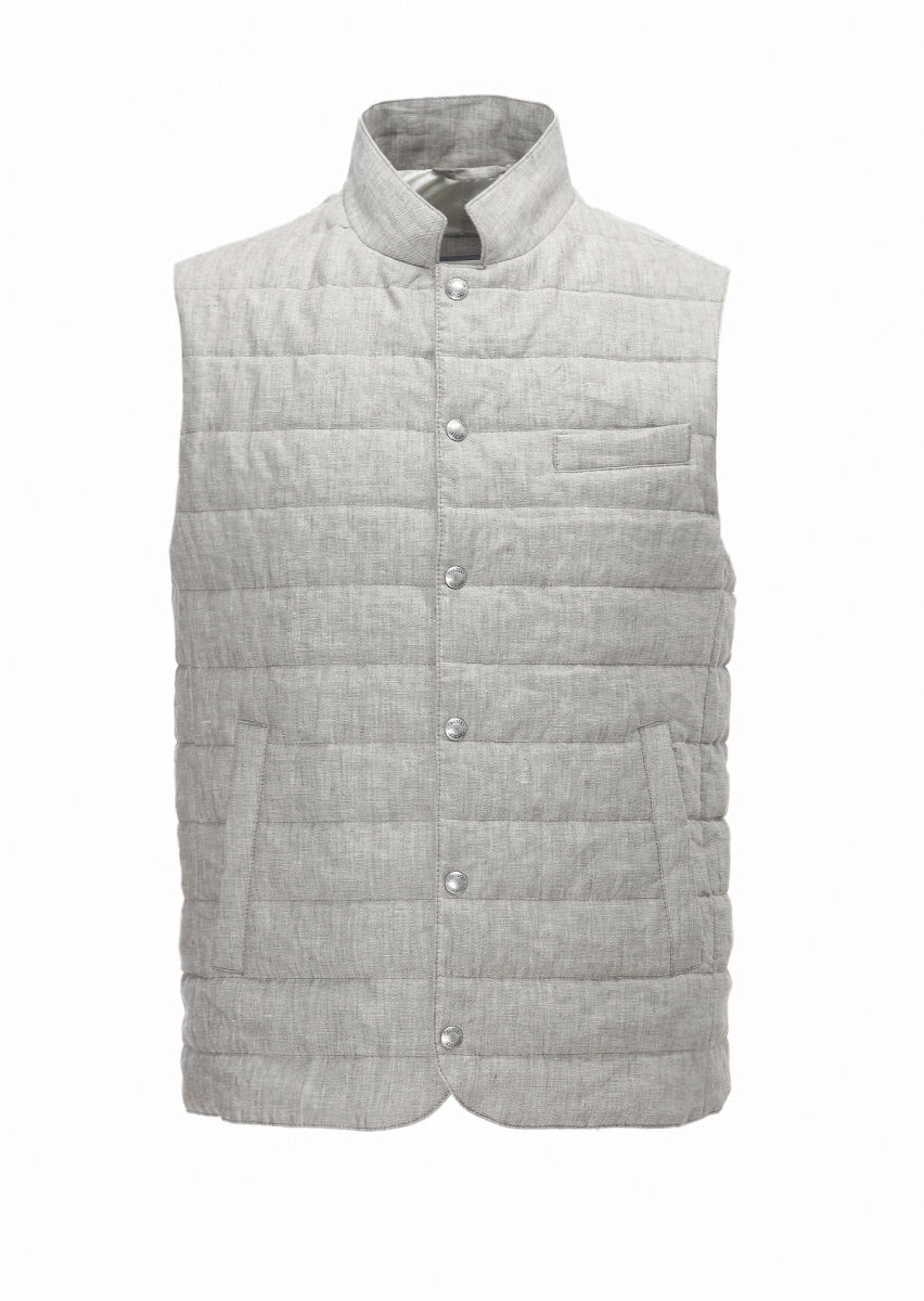 Light Brown Regular Fit Mandarin Collar Casual Weaving Puffer Vest - 1