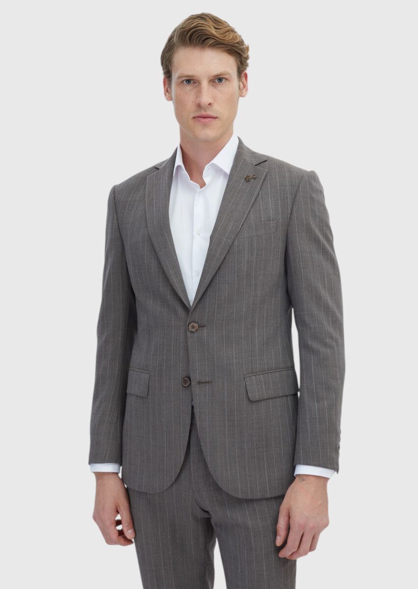 Light Brown Striped Modern Fit 100% Wool Suit - 1