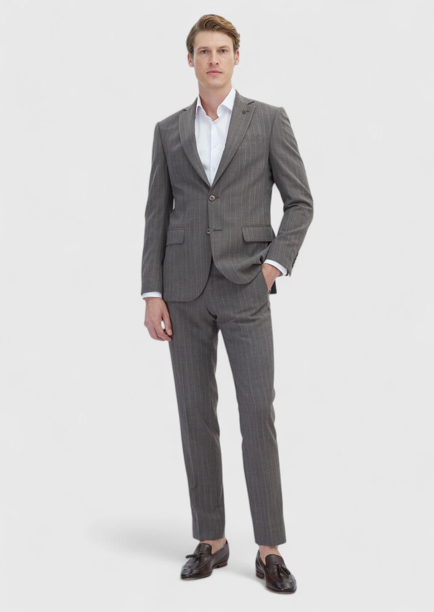 Light Brown Striped Modern Fit 100% Wool Suit - 2