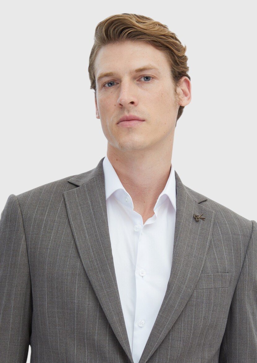 Light Brown Striped Modern Fit 100% Wool Suit - 3