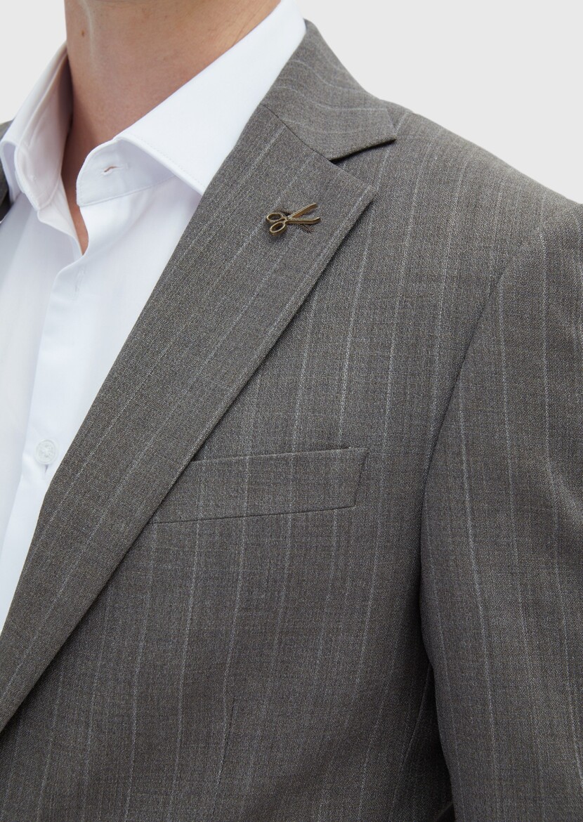 Light Brown Striped Modern Fit 100% Wool Suit - 4