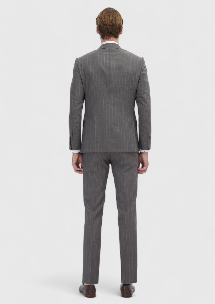 Light Brown Striped Modern Fit 100% Wool Suit - 5