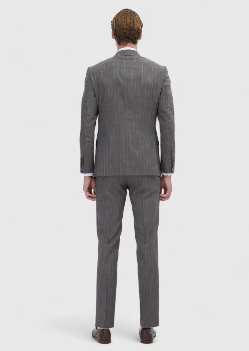 Light Brown Striped Modern Fit 100% Wool Suit - 5