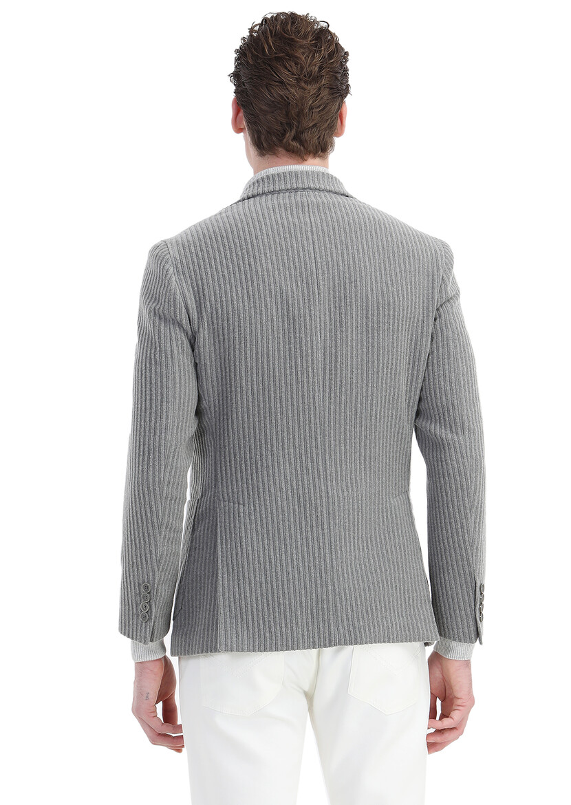 Light Brown Striped Shirt Shoulder Slim Fit Wool Blended Jacket - 6