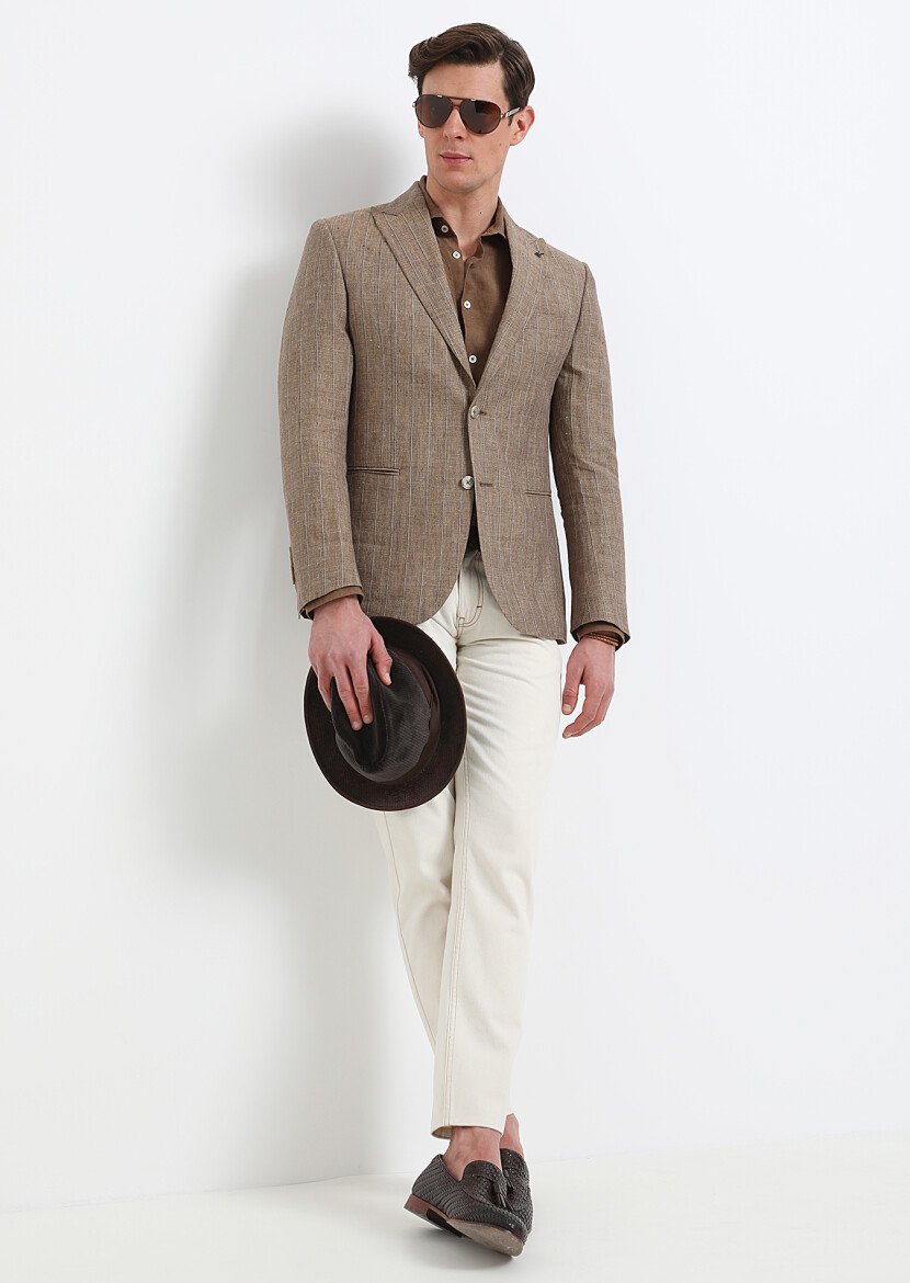 Light Brown Striped Zeroweight Slim Fit 100% Linen Jacket - 1