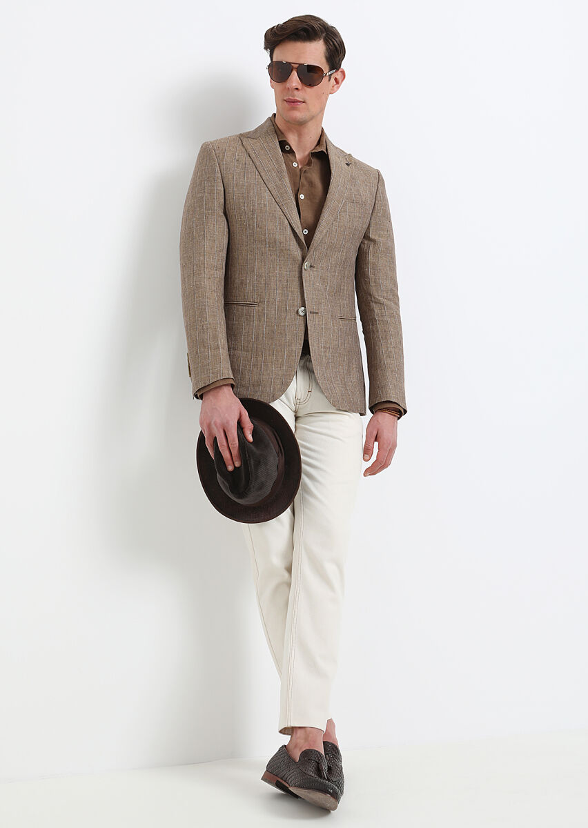 Light Brown Striped Zeroweight Slim Fit 100% Linen Jacket - 1