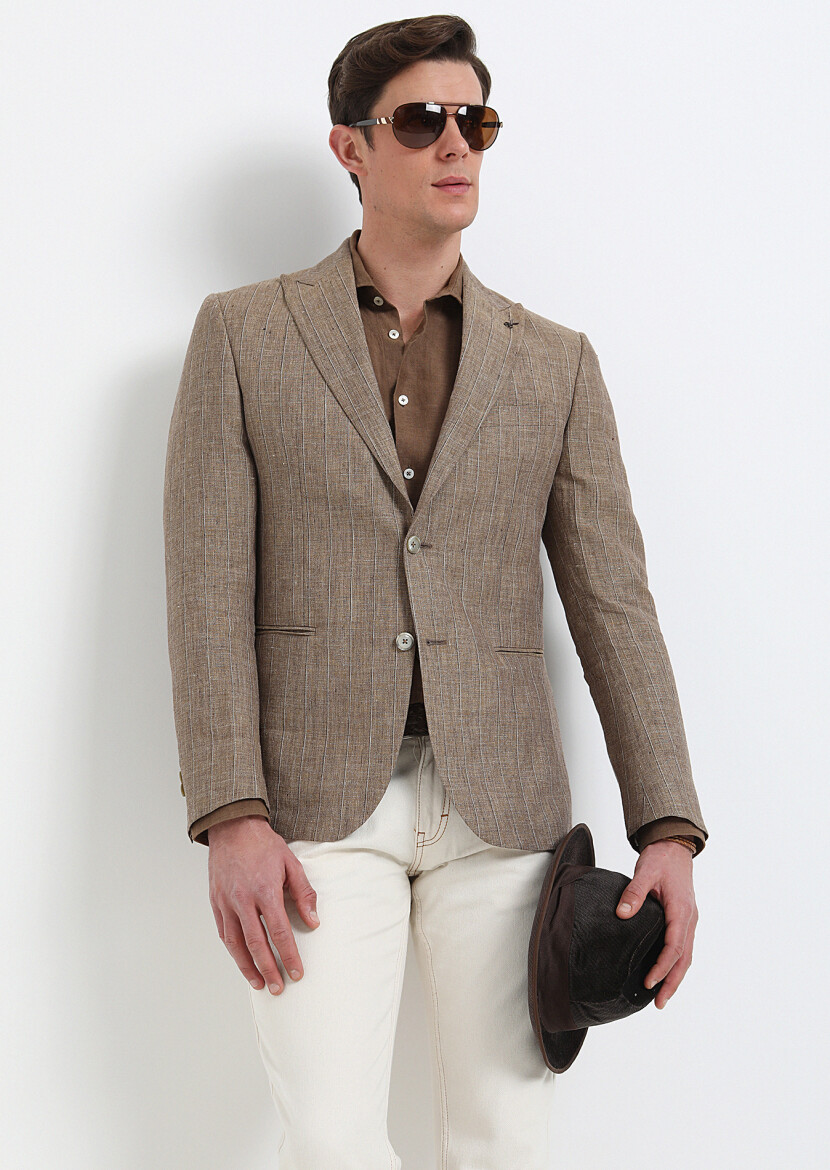 Light Brown Striped Zeroweight Slim Fit 100% Linen Jacket - 2