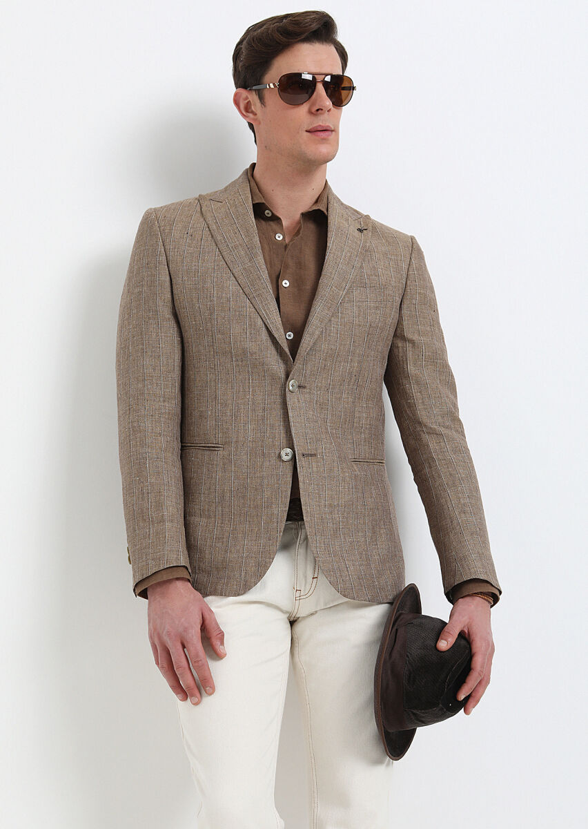Light Brown Striped Zeroweight Slim Fit 100% Linen Jacket - 2