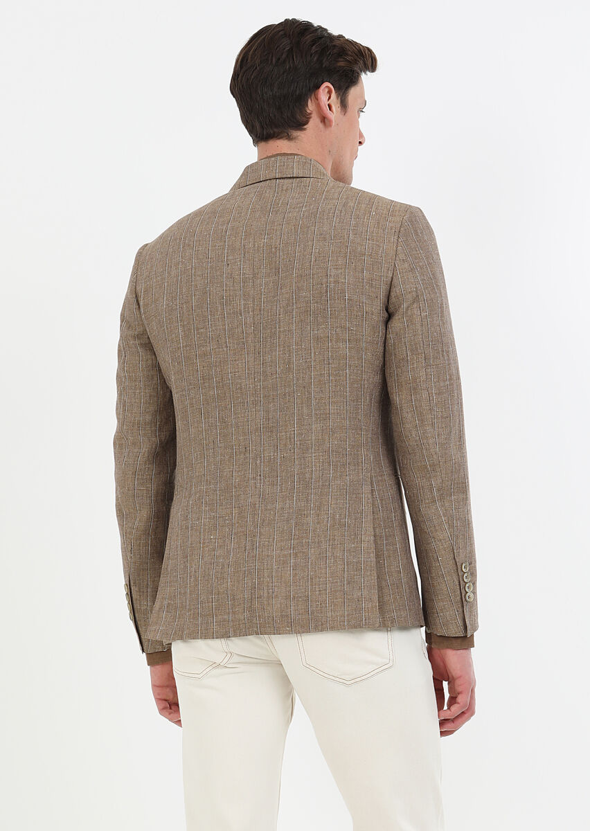 Light Brown Striped Zeroweight Slim Fit 100% Linen Jacket - 7