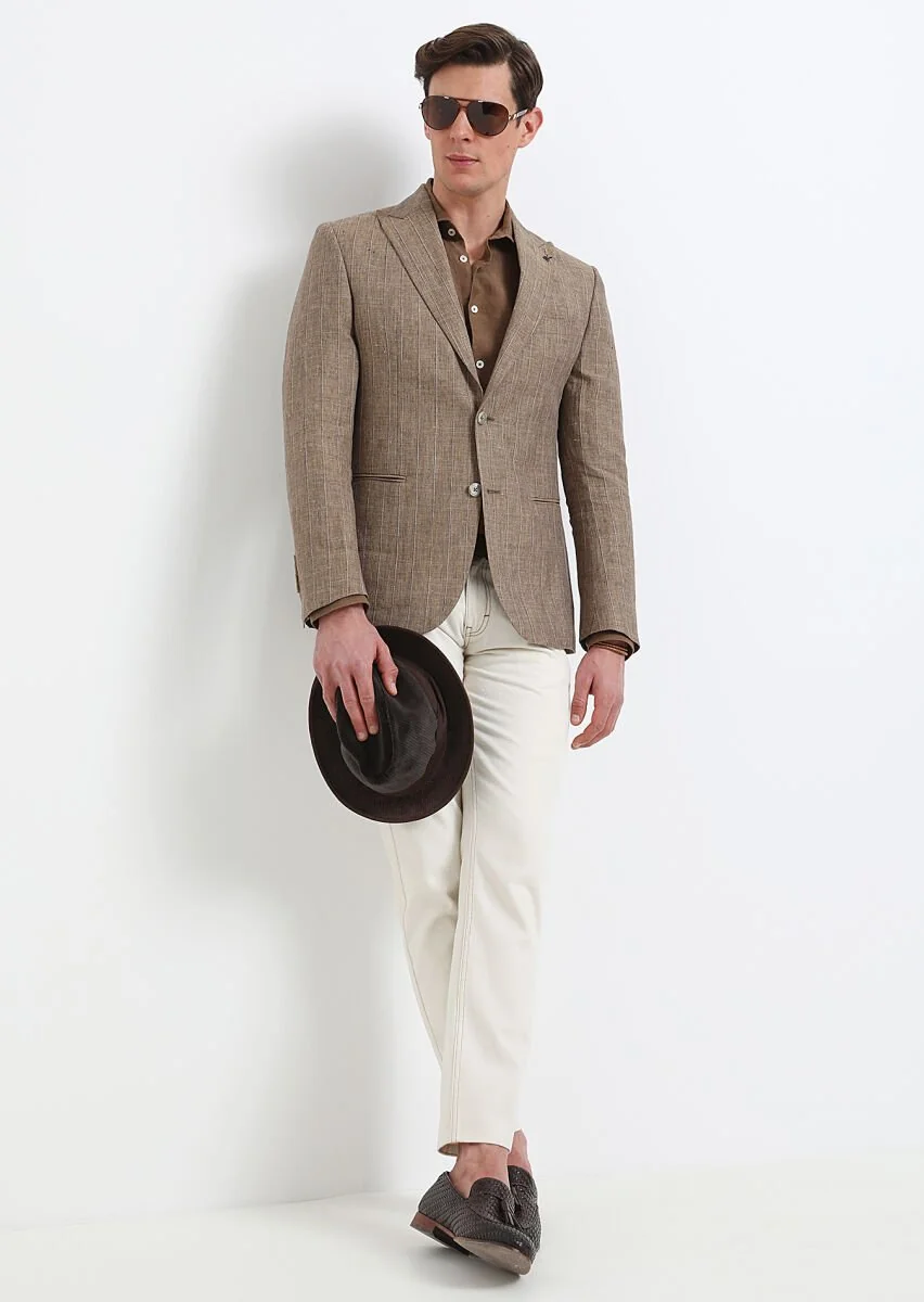 Light Brown Striped Zeroweight Slim Fit 100% Linen Jacket - 1