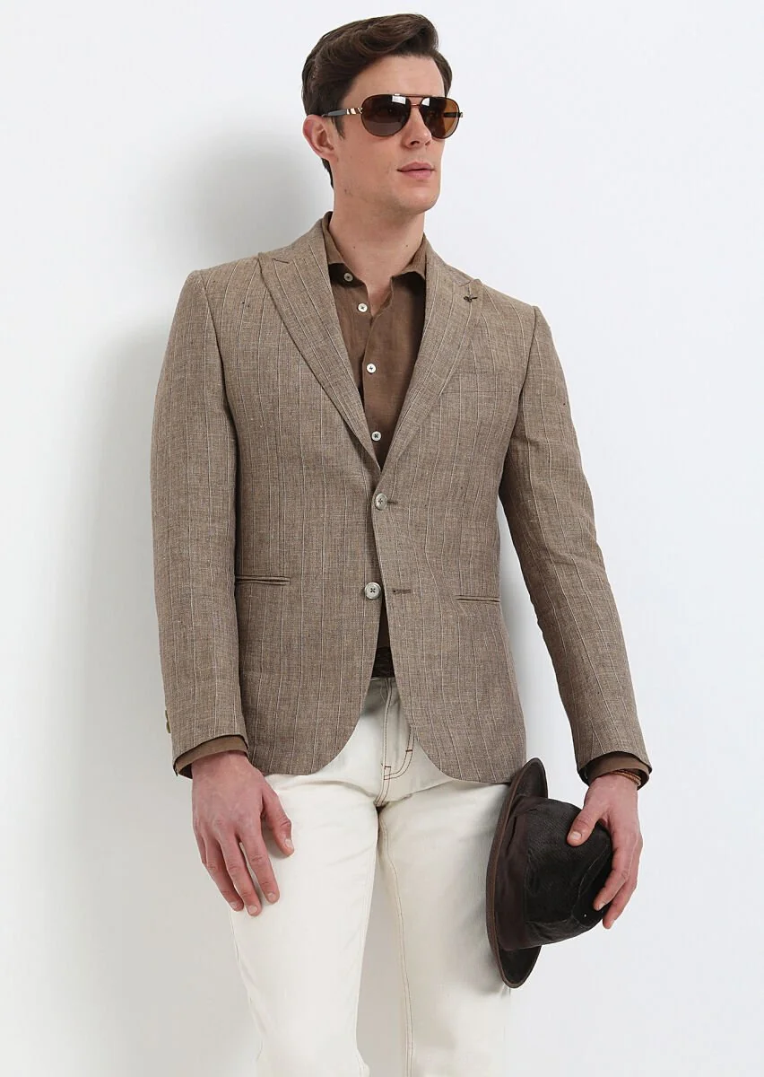Light Brown Striped Zeroweight Slim Fit 100% Linen Jacket - 2